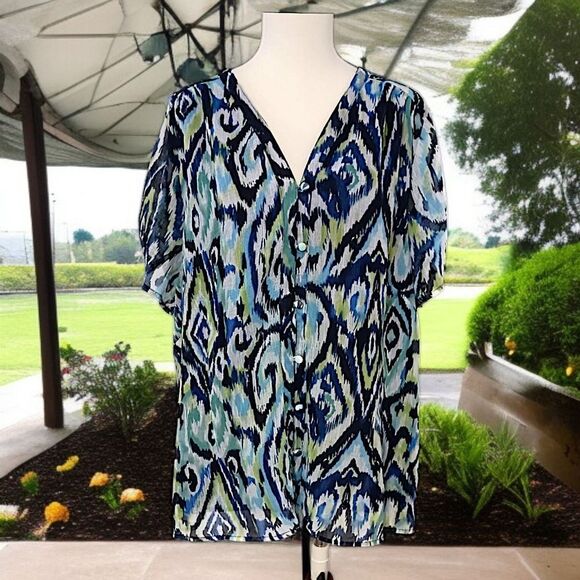 AVENUE Plus Size 2X 18 20 Button Down Blouse Ikat Short Shirred Sleeve Sheer - Picture 15 of 16